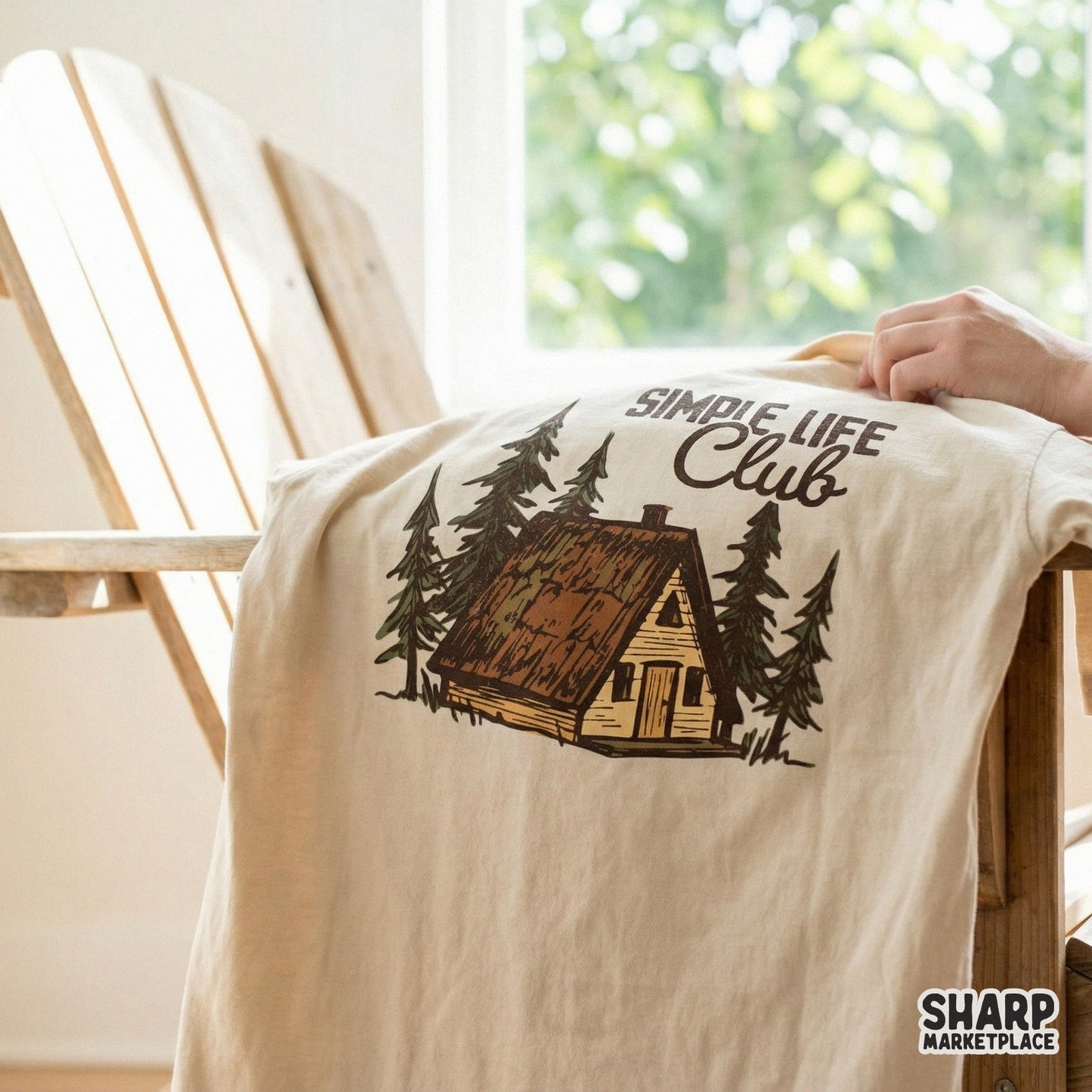 Cozy cabin in the woods illustration with earthy textures and vintage typography, suitable for sublimation, DTF printing, and DIY outdoor-themed gifts.