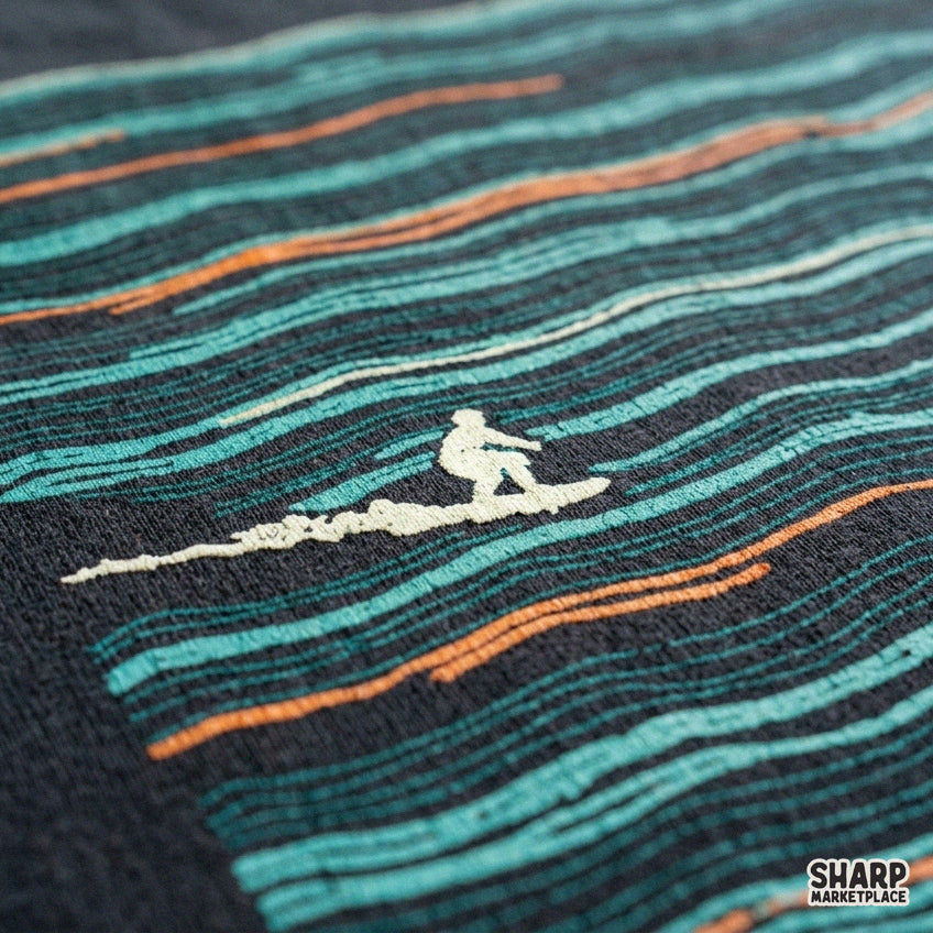 Minimalist line art abstract surfer riding ocean waves digital PNG design for trendy summer t-shirts and apparel
