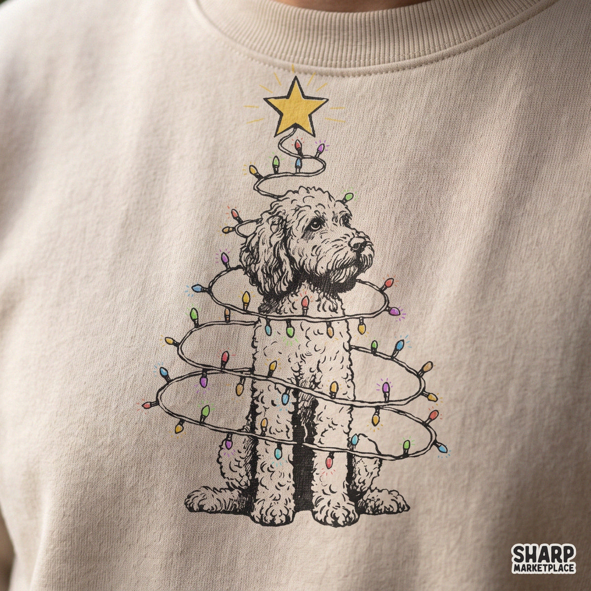 Goldendoodle Wrapped In Holiday Lights Christmas PNG