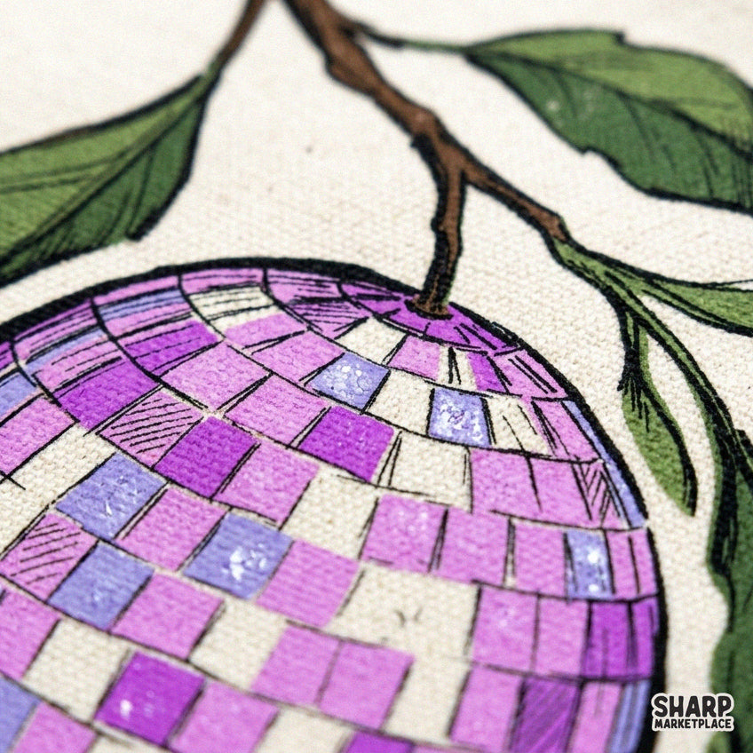 Funky disco ball fruit hanging from a branch in a retro groovy Y2K botanical style PNG graphic for sublimation