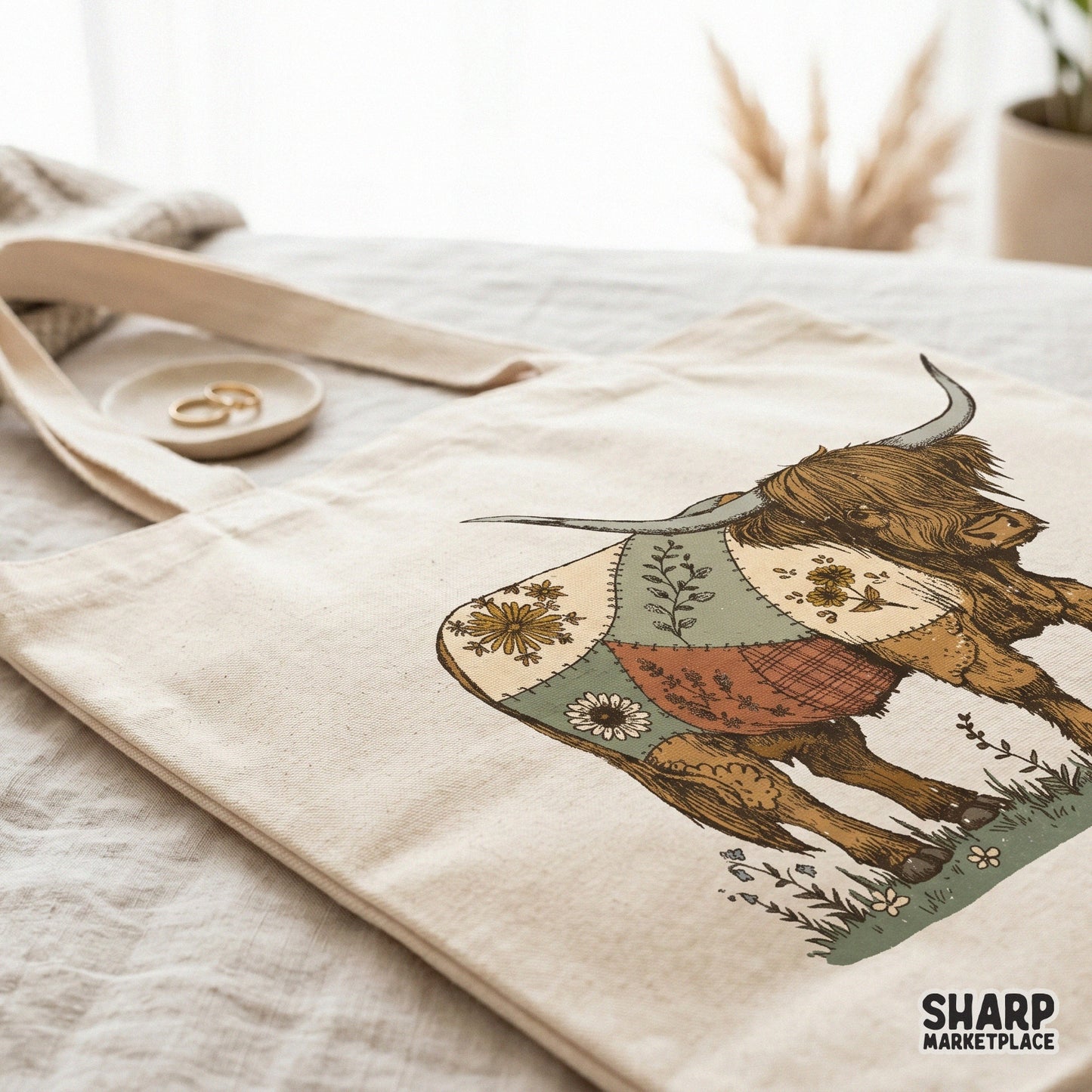 Rustic western highland cow sublimation design with floral accents and a cozy patchwork quilt pattern, suitable for tumblers and DIY home decor.