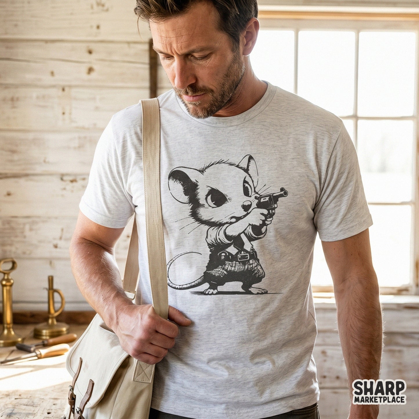 Cute western outlaw mouse holding a tiny revolver in a vintage rodent drawing for sarcastic cowboy shirt PNG designs