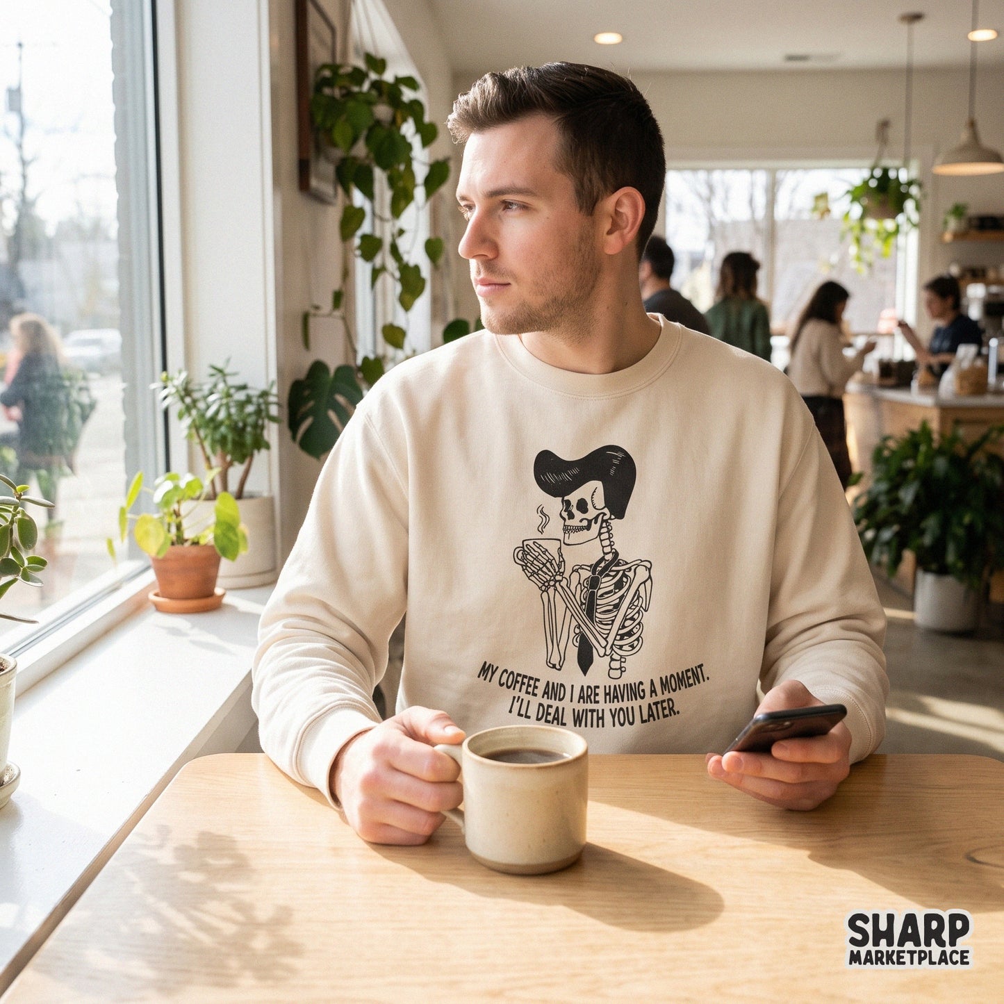 Funny skeleton drinking coffee sublimation design with sarcastic retro text for spooky season shirts and mugs