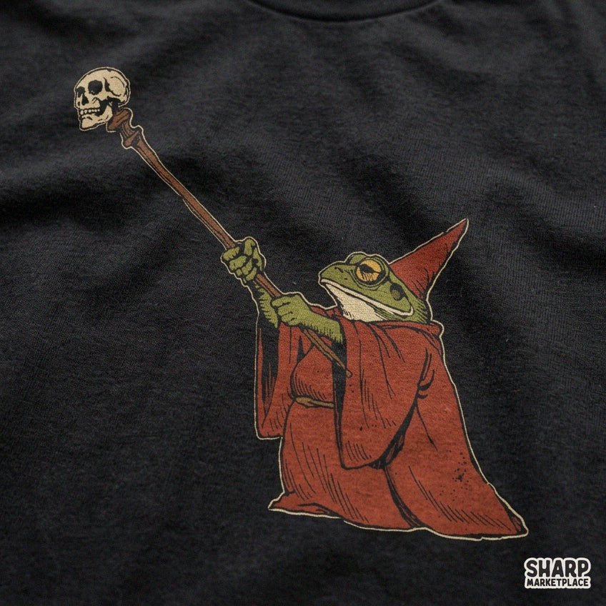 Frog wizard in a red robe holding a skull staff Halloween fantasy sublimation PNG design for spooky season shirts