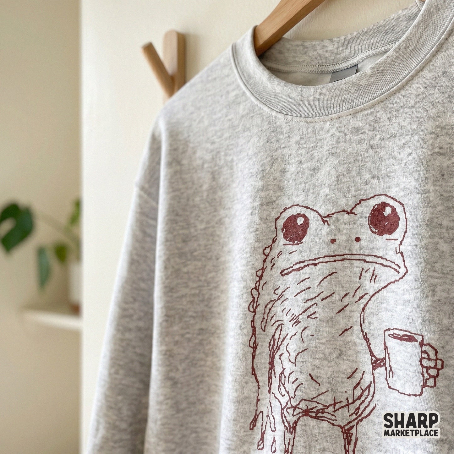 Sleepy Red Frog Holding Coffee Cup, Hand Drawn PNG Art - 300 DPI Design