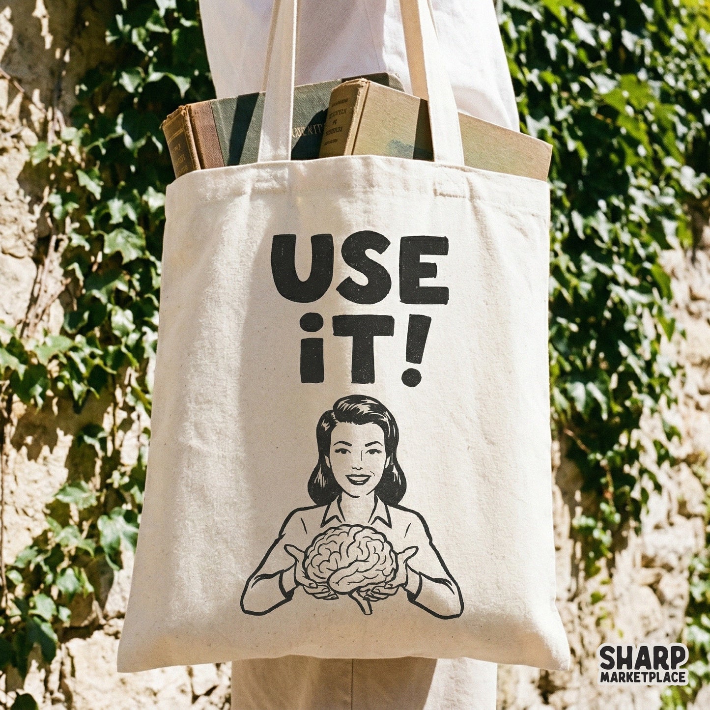 Funny retro-style graphic design featuring a woman holding a brain with the words Use It! suitable for teacher appreciation shirts and DIY projects.