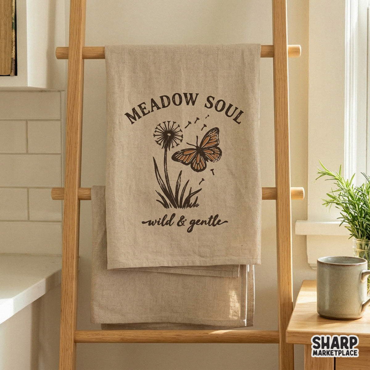Printable PNG graphic showing a hand-drawn butterfly and dandelion with rustic typography, ideal for custom apparel, stickers, or DIY crafts.