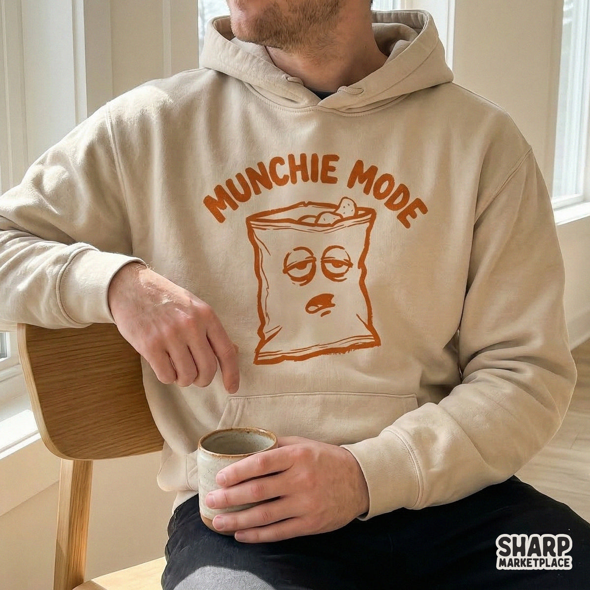 Vintage-inspired munchie snack bag graphic with a sleepy expression, ideal for custom stoner humor t-shirts, tumblers, and printable crafts.