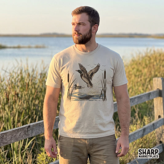 Retro sublimation design of a mallard duck taking flight from a lake with cattails for fall hunting apparel