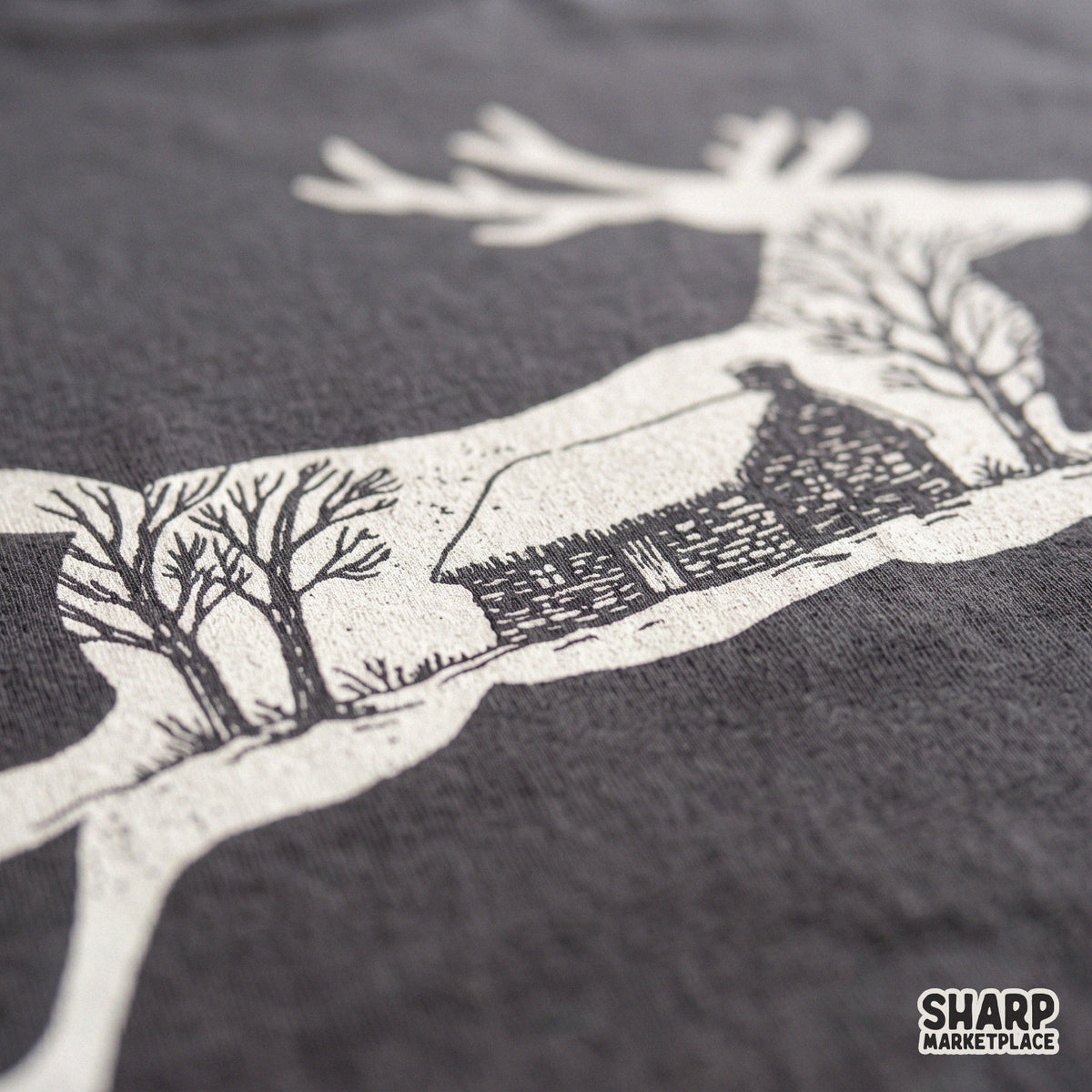Rustic winter cabin deer silhouette sublimation design ideal for cozy Christmas apparel, t-shirts, and holiday crafts