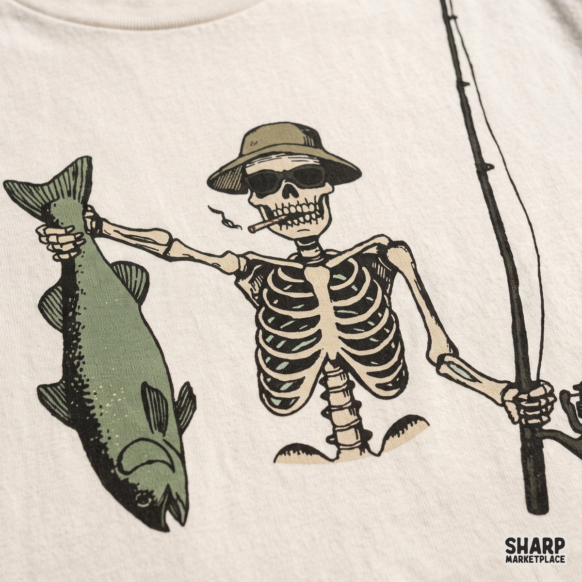 Funny skeleton in a bucket hat holding a fish and fishing rod PNG clipart for summer shirt sublimation