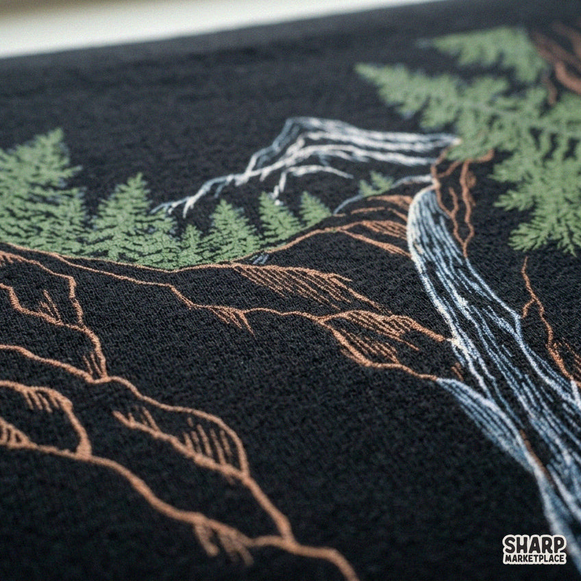 Majestic mountain waterfall and pine trees wilderness sketch PNG design for summer camping t-shirts and lake life apparel
