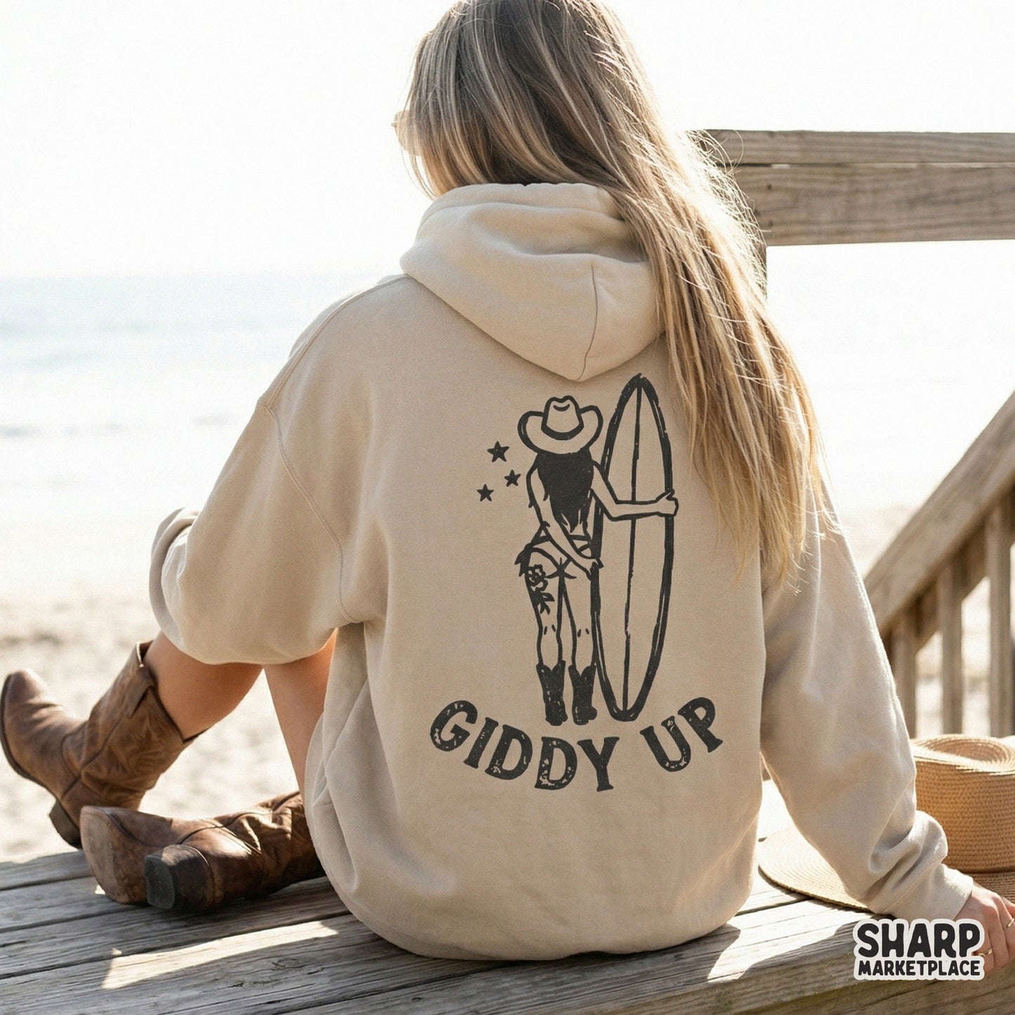 Trendy western shore rodeo design with a cowgirl and surfboard silhouette, suitable for sublimation transfers, tumblers, and DIY summer apparel.