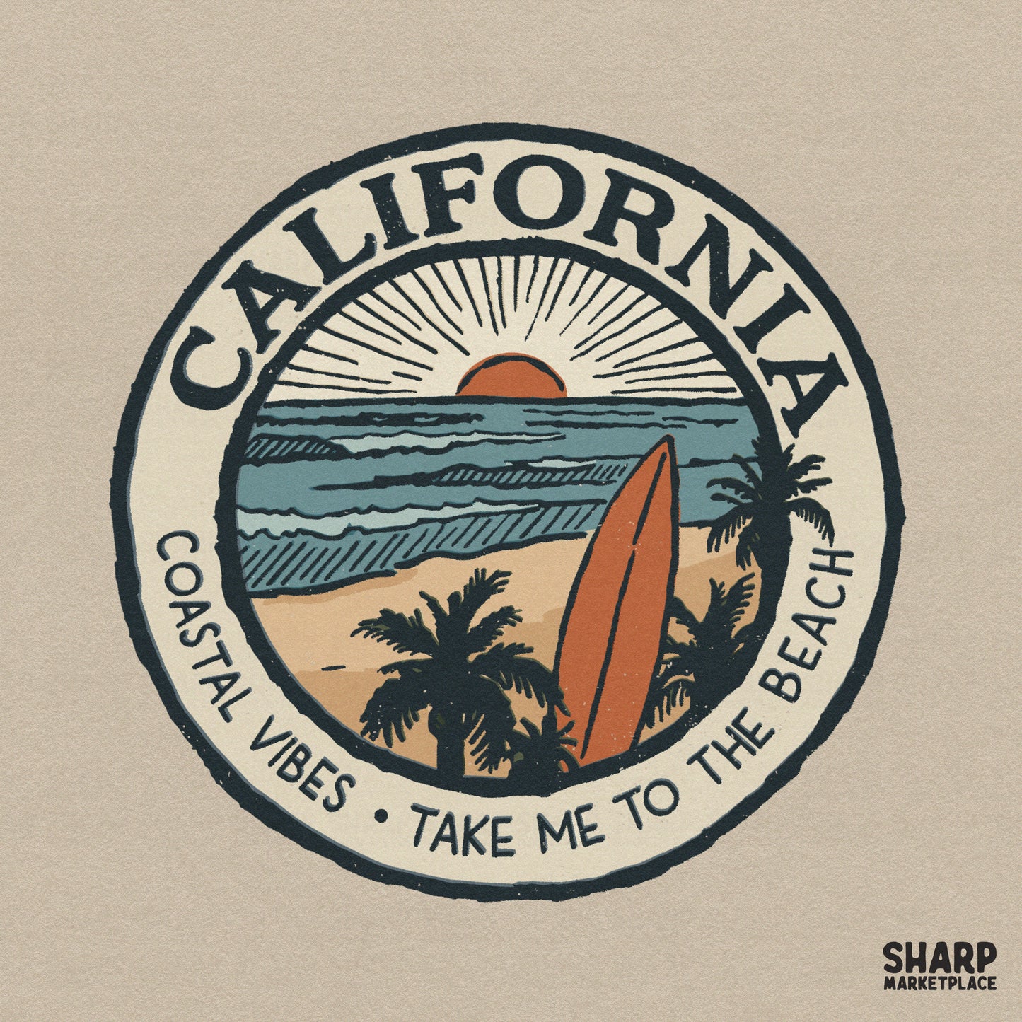 Retro California coastal vibes beach PNG with vintage surf club style and palm trees for summer sublimation shirts