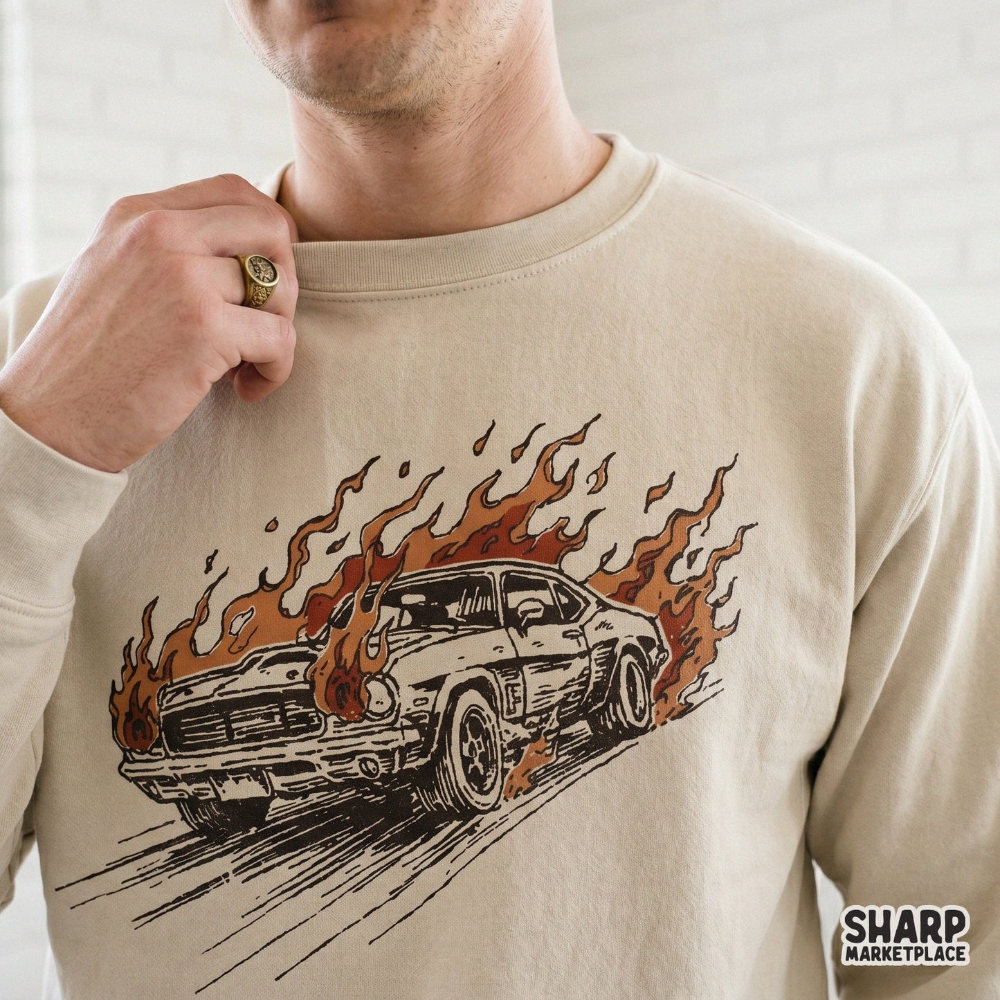 High-energy muscle car graphic with a grainy, retro aesthetic and fiery accents, suitable for print-on-demand apparel and tumbler wraps.