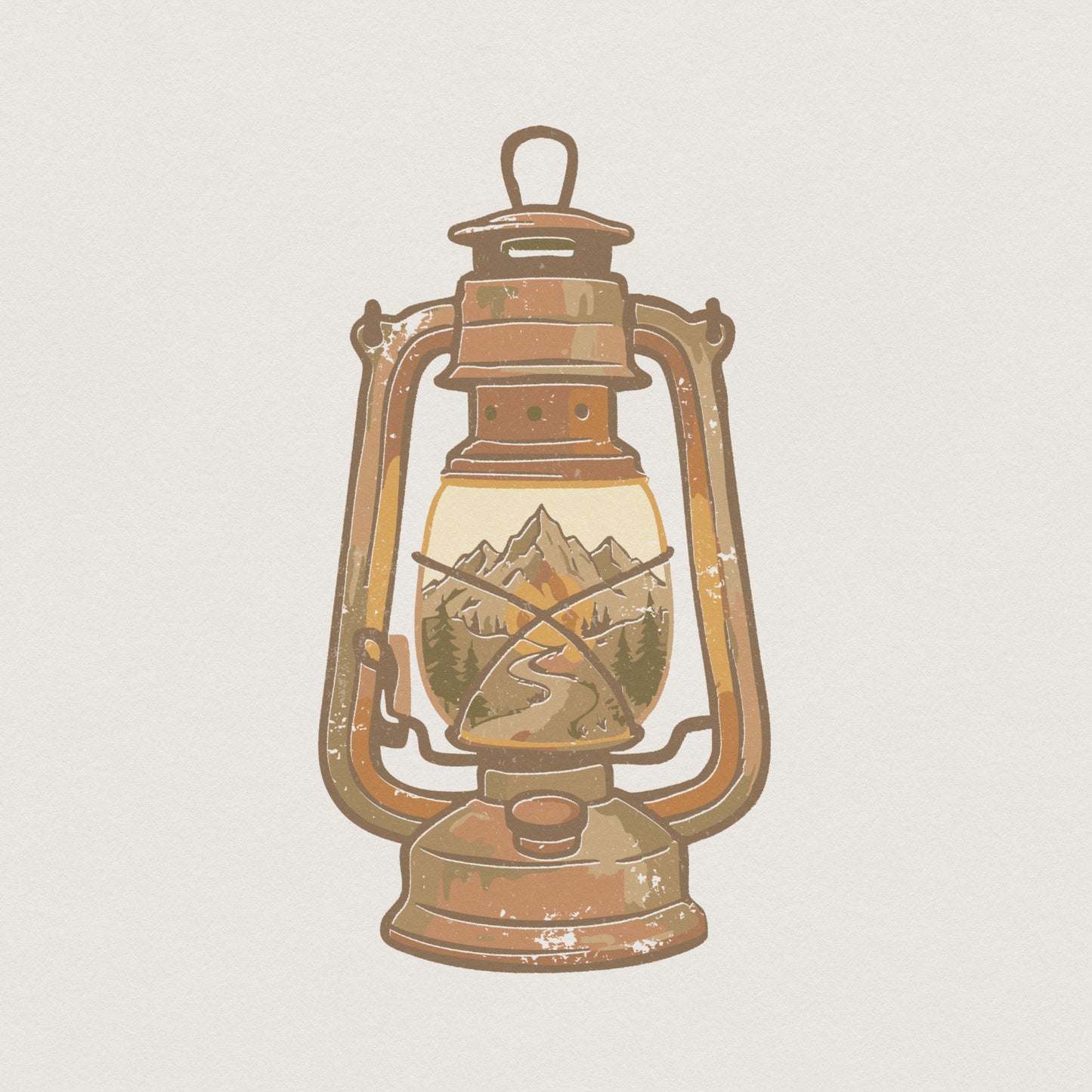 Vintage lantern PNG with a rustic mountain landscape inside the glass, featuring a winding path, evergreen trees, and distressed orange and olive tones.