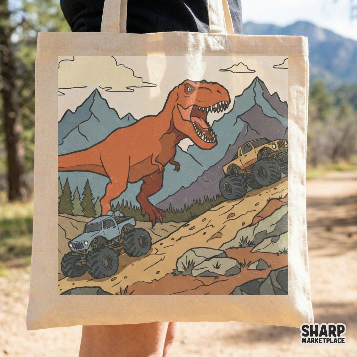 Hand-drawn style design showing a roaring dinosaur and monster trucks on a trail, suitable for high-quality sublimation, heat transfers, and wall art.