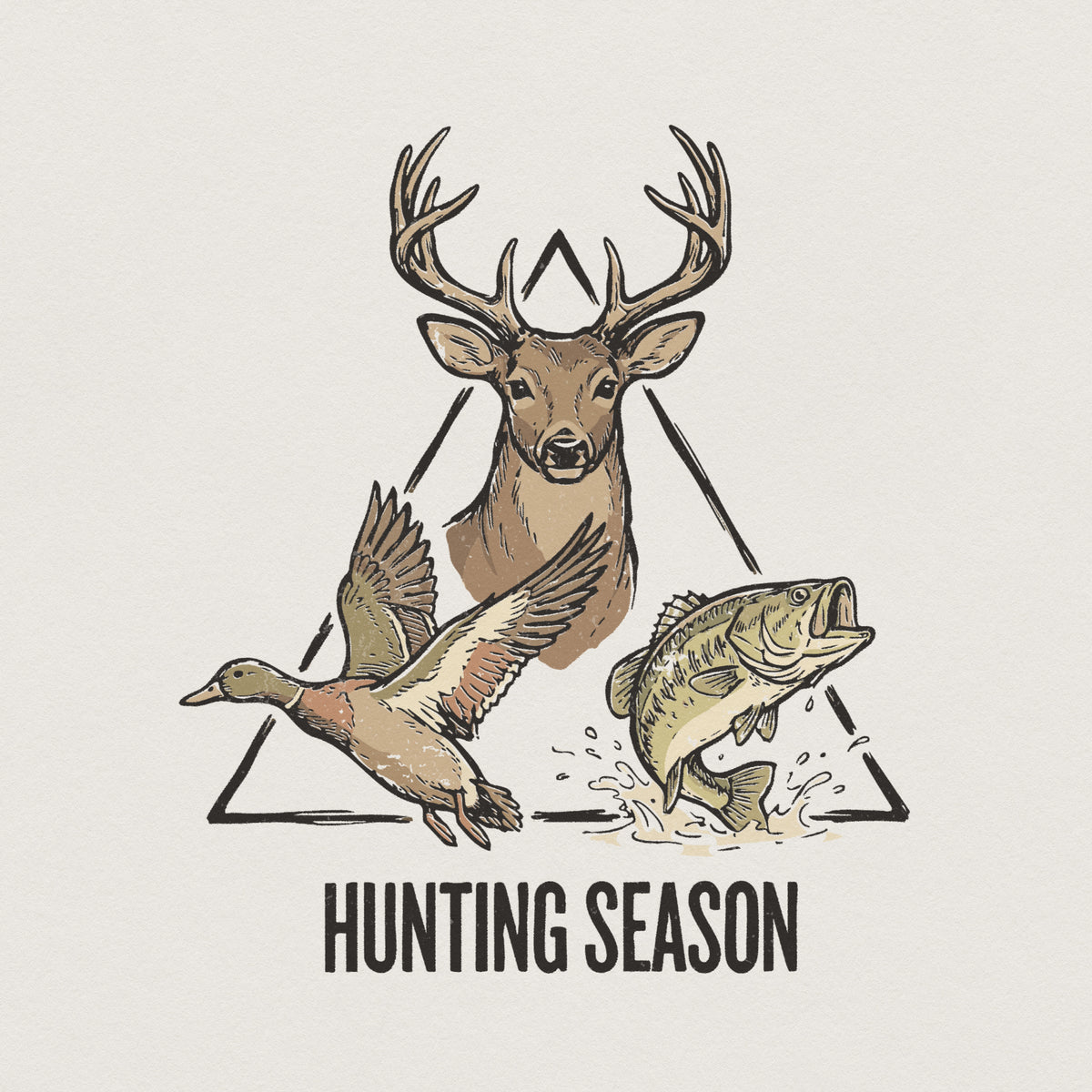 Hunting Season digital design featuring a buck, duck, and bass inside a triangle, perfect for outdoor apparel, sublimation, and custom t-shirts.