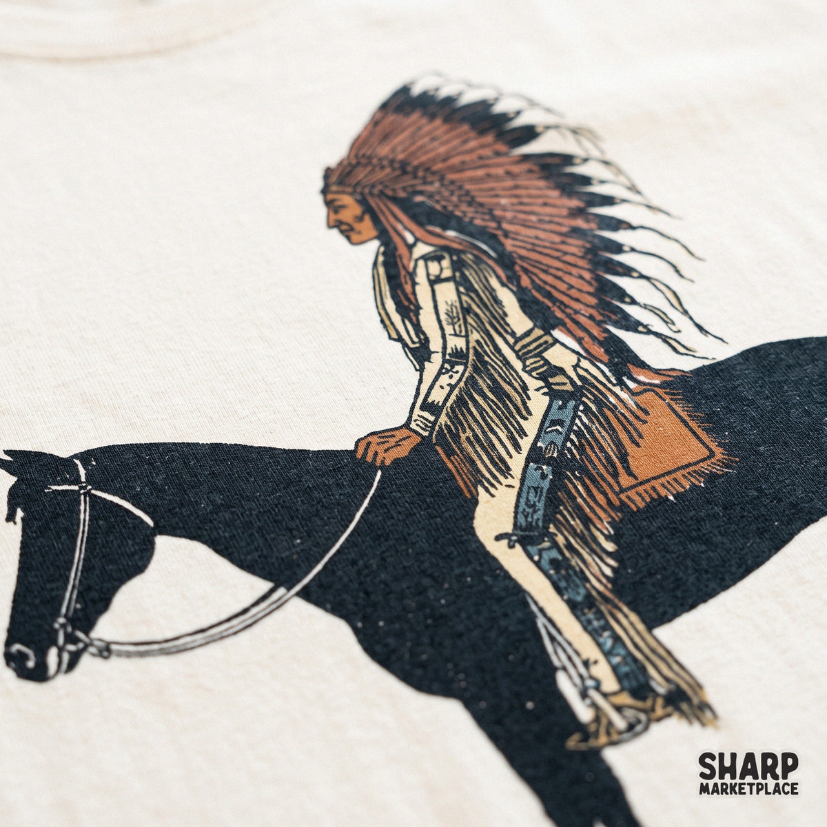 Native American chief riding a horse in retro western PNG style for t-shirt and apparel prints