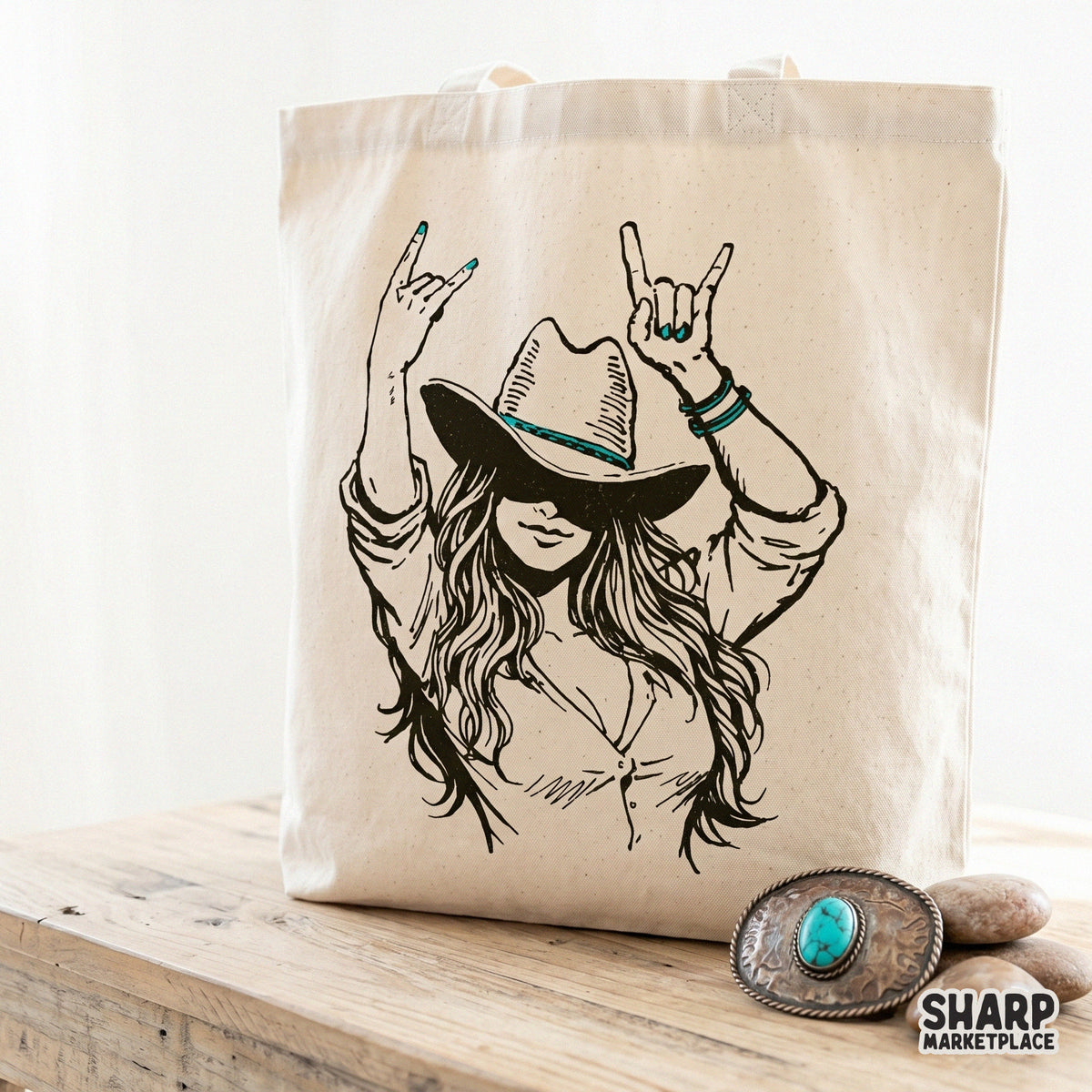 Trendy country aesthetic digital design featuring a cowgirl in a hat and button-down shirt, perfect for print-on-demand western apparel.