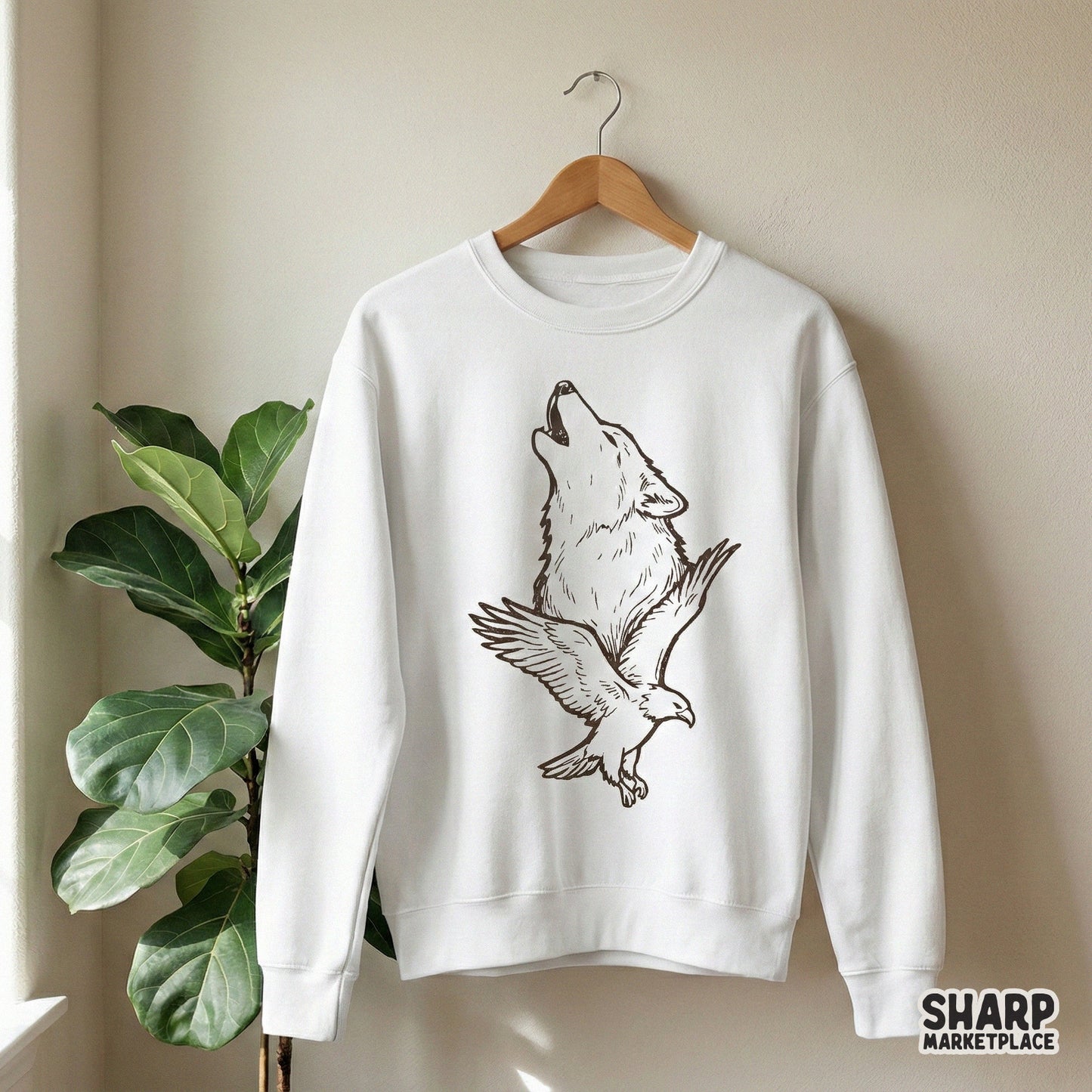 Howling Wolf and Eagle PNG, Wildlife Vintage Animal Digital Design - 300