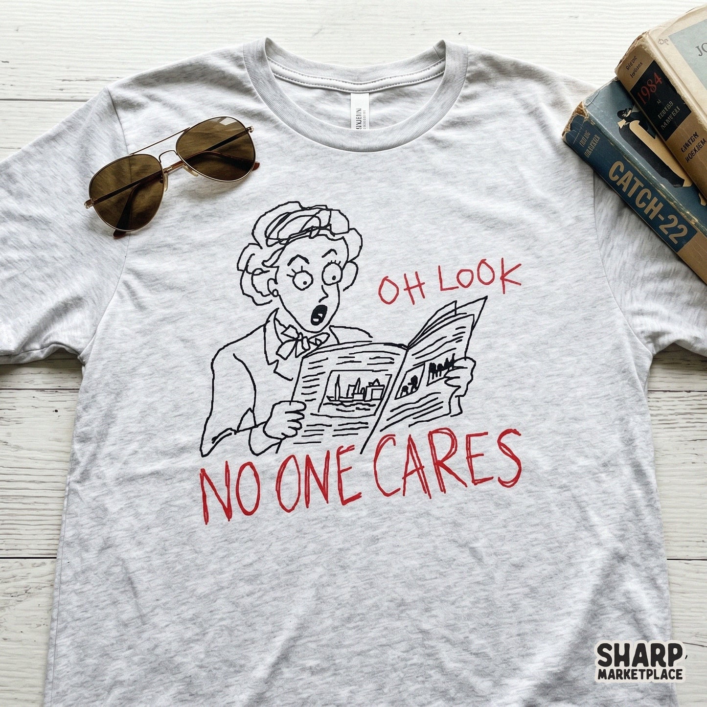 High-resolution digital illustration of a shocked woman reading a newspaper with the phrase Oh Look No One Cares, ideal for stickers and tumblers.