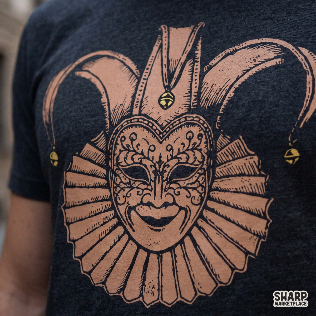 Creepy jester masquerade mask illustration in vintage medieval style for Halloween shirt PNG sublimation design