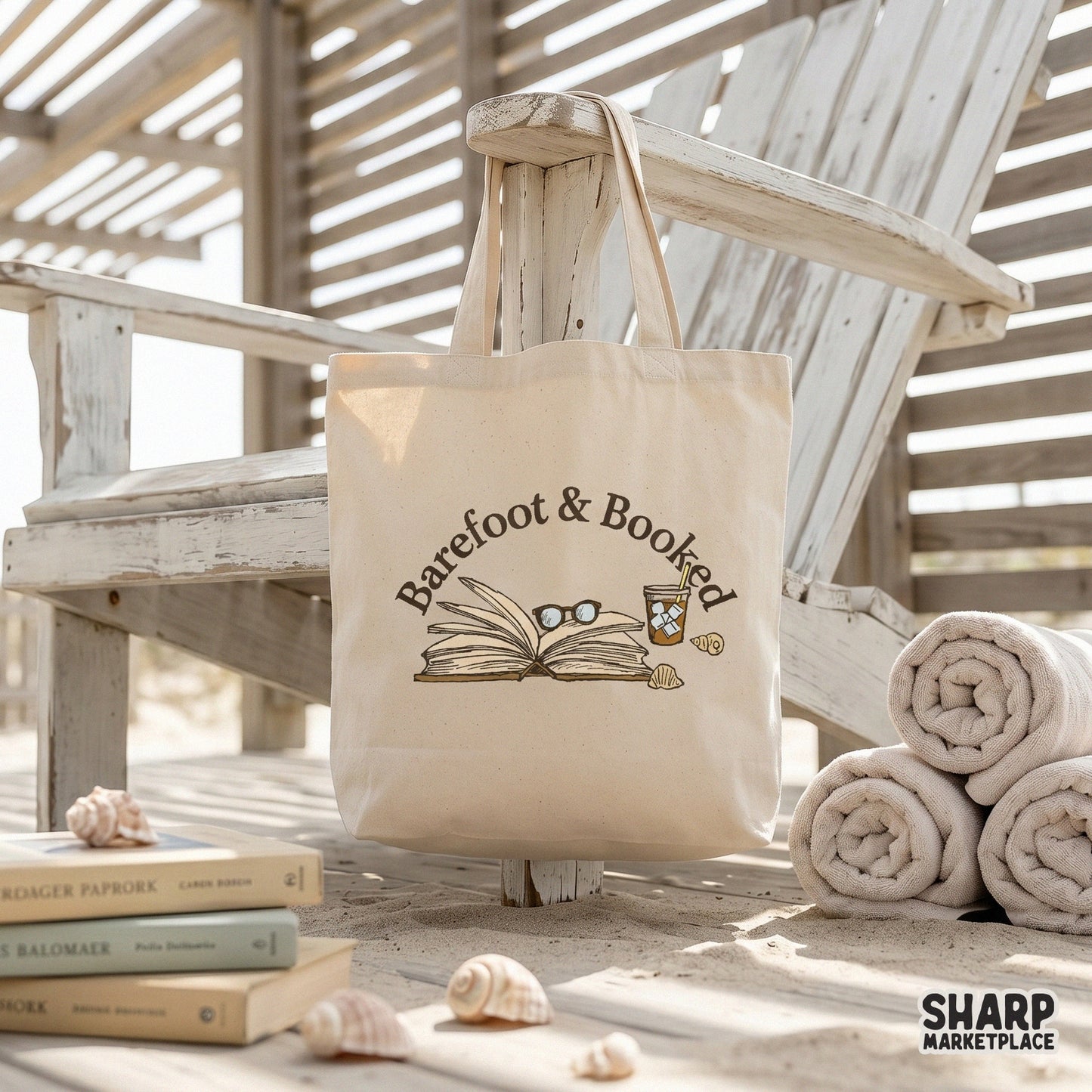 Barefoot and Booked summer PNG design with beach coffee and books for cozy library themed t-shirts and stickers