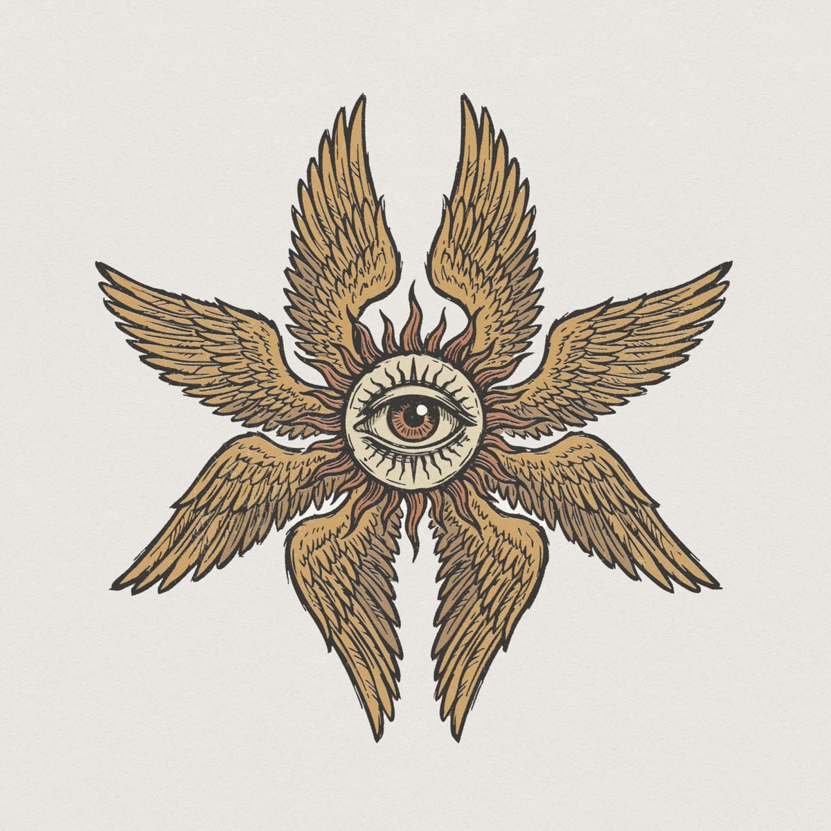 Vintage occult style illustration featuring a detailed human eye surrounded by six feathered wings in gold and tan tones for apparel or wall art.