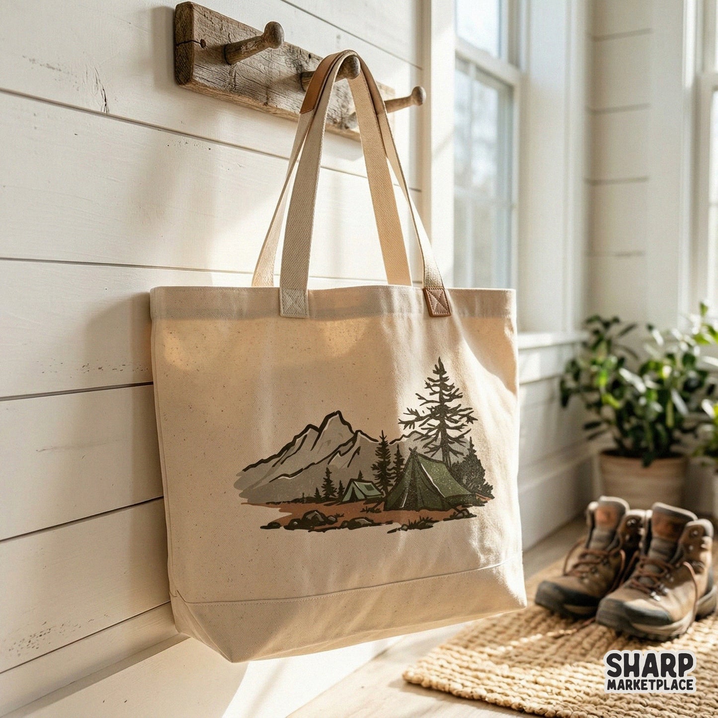 High-resolution camping PNG file featuring a peaceful wilderness scene with tents and alpine mountains, ideal for sublimation tumblers and DIY gifts.