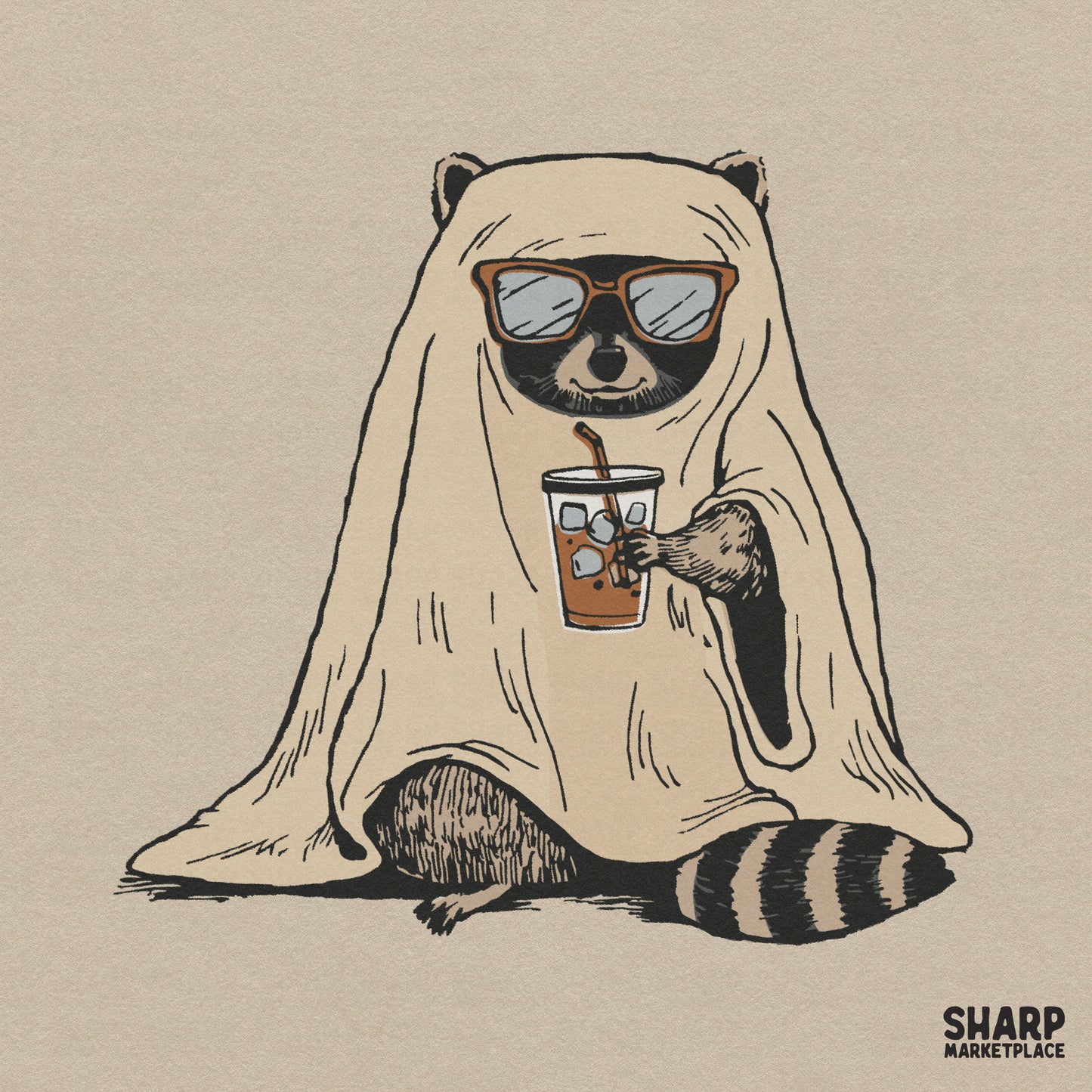 Funny raccoon ghost drinking iced coffee PNG for sarcastic Halloween apparel and spooky season sublimation designs