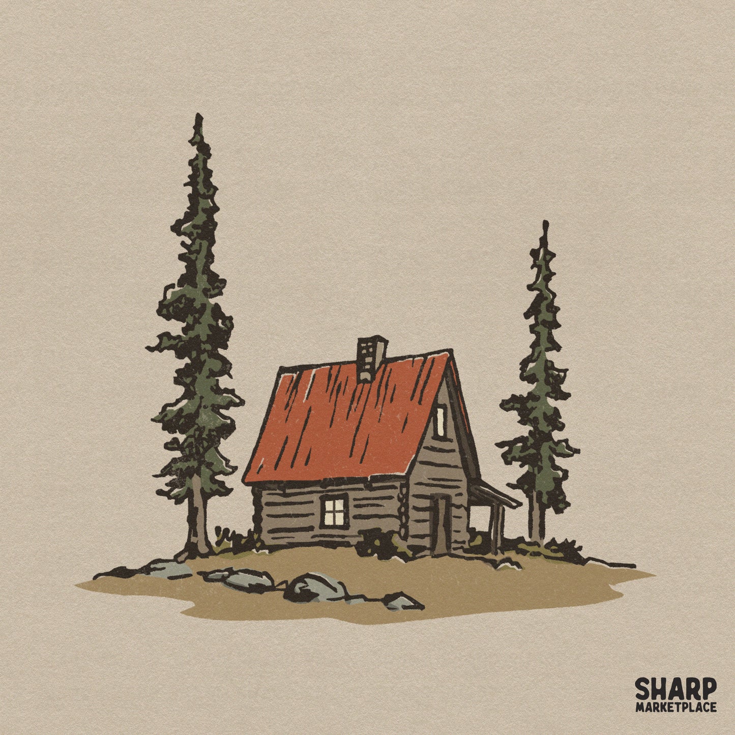 Vintage rustic log cabin in the woods illustration for winter camping sublimation and Christmas holiday shirt designs