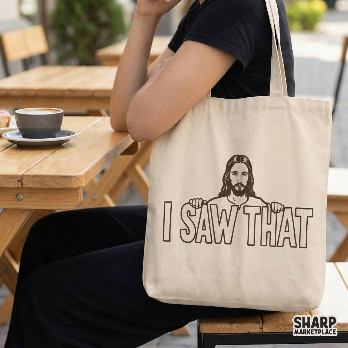 Printable graphic design featuring a witty faith-based quote and minimalist character illustration for DIY crafts, apparel, and home decor projects.