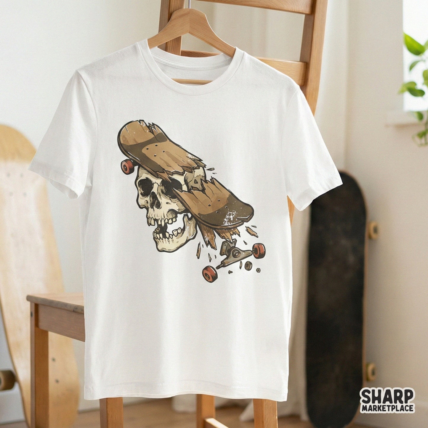 Broken Skateboard Skull PNG, Edgy Skater Art - 300 DPI Design for T-Shirt