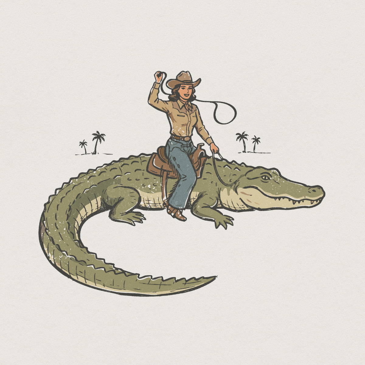 Vintage style illustration of a cowgirl in a cowboy hat and western gear riding a saddled alligator, perfect for funny rodeo shirts and sublimation.