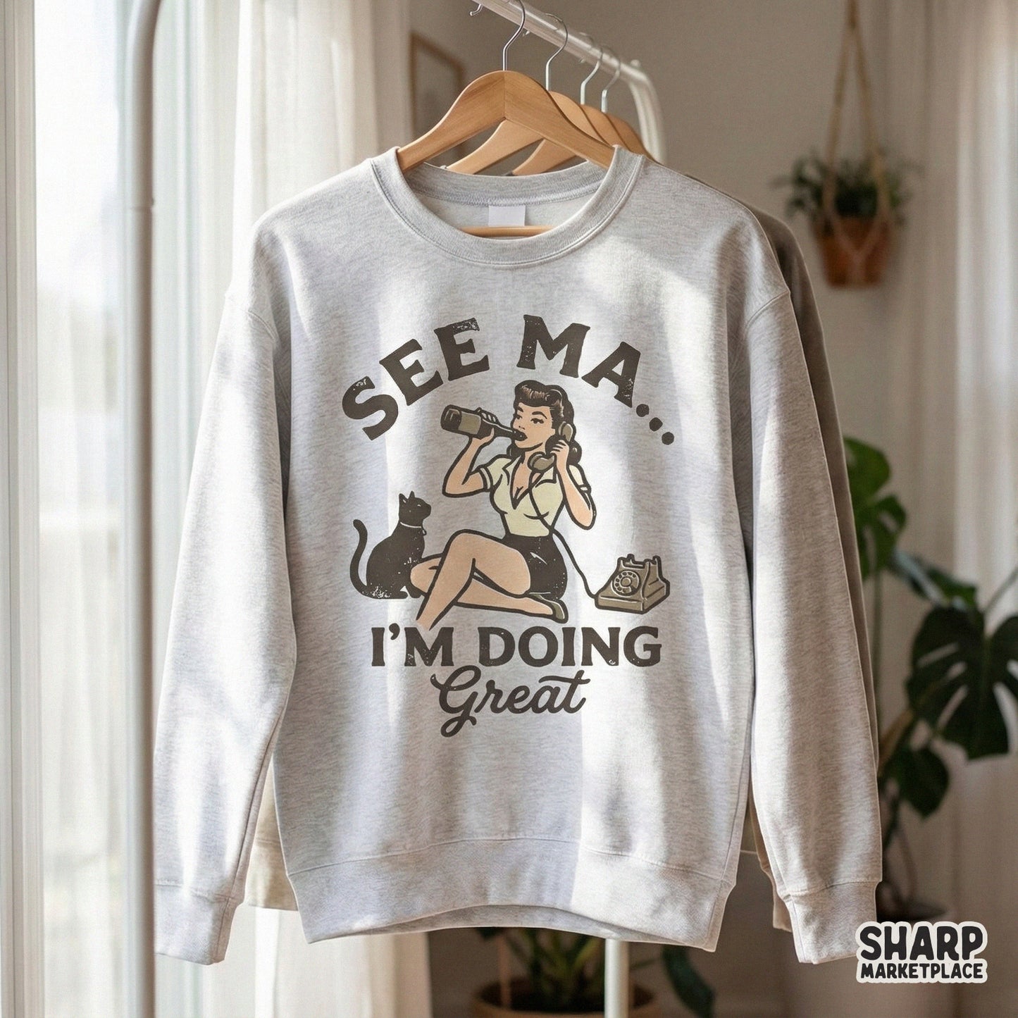 Funny mid-century style pinup design with bold typography reading See Ma I'm Doing Great, suitable for custom tumblers, t-shirts, and DIY craft projects.