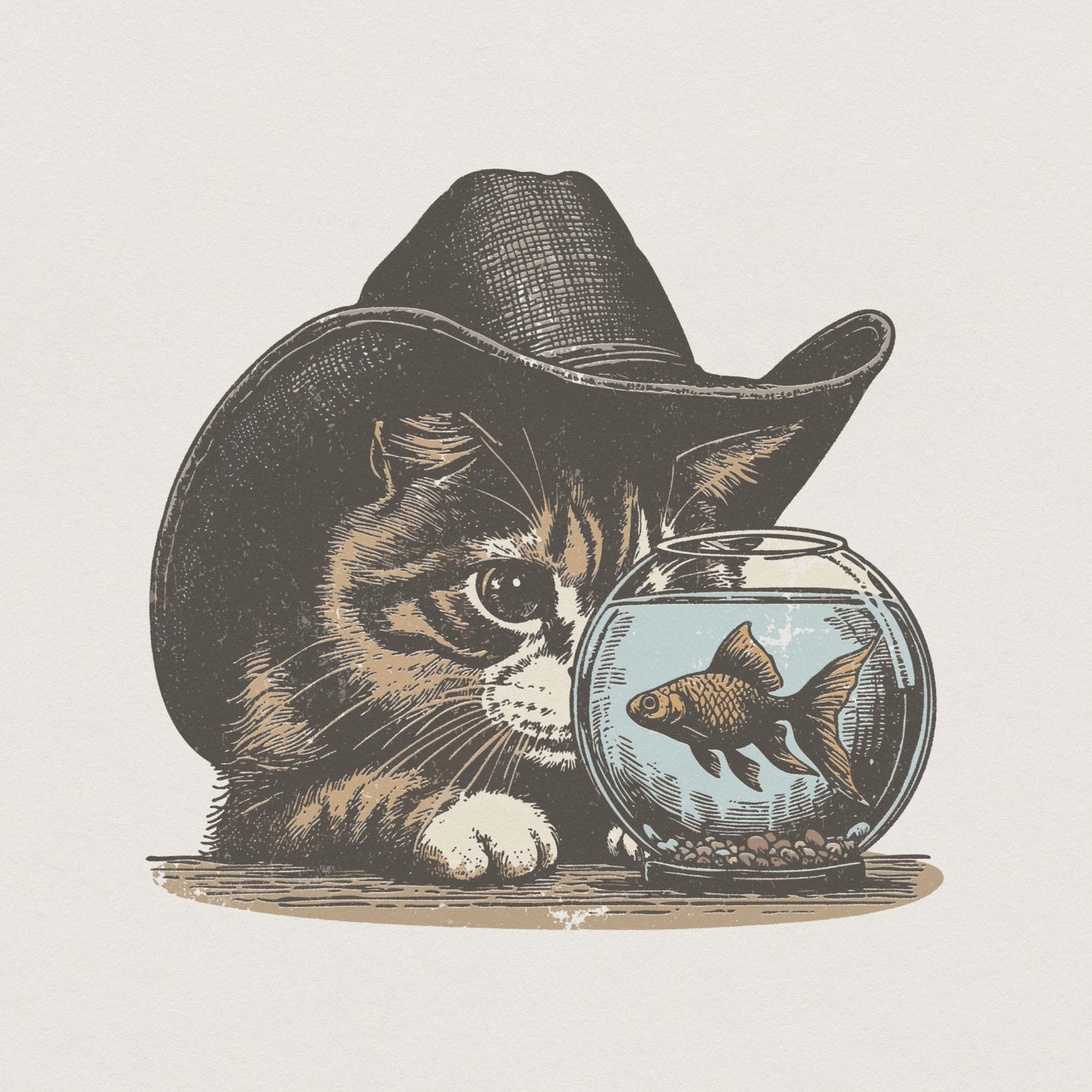 Vintage style illustration of a curious tabby kitten wearing a brown cowboy hat and staring at a goldfish in a bowl for western apparel designs.