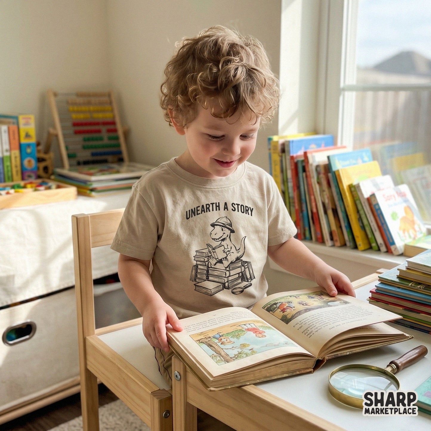 Funny retro dinosaur reading a book design for kids teacher school shirts
