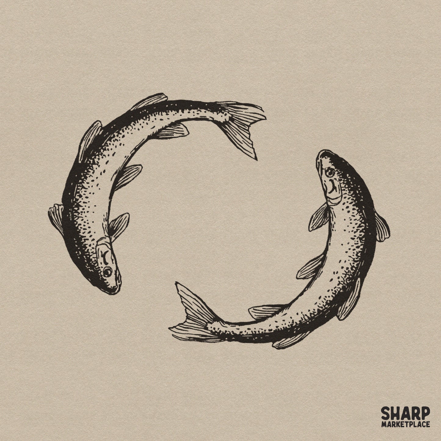 Vintage circular yin yang trout sketch for retro lake life fishing shirts and custom river salmon sublimation designs