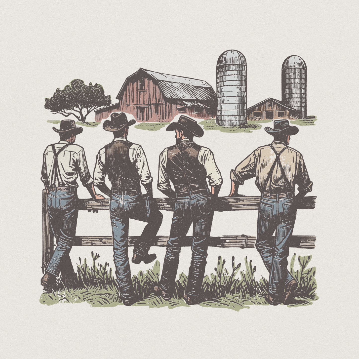 Vintage style farm life PNG featuring four cowboys in hats leaning on a fence looking at a rustic barn and silos for western apparel and decor