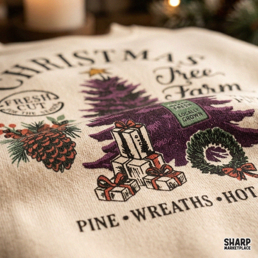 Retro Christmas tree farm fresh cut design ideal for holiday t-shirt sublimation printing