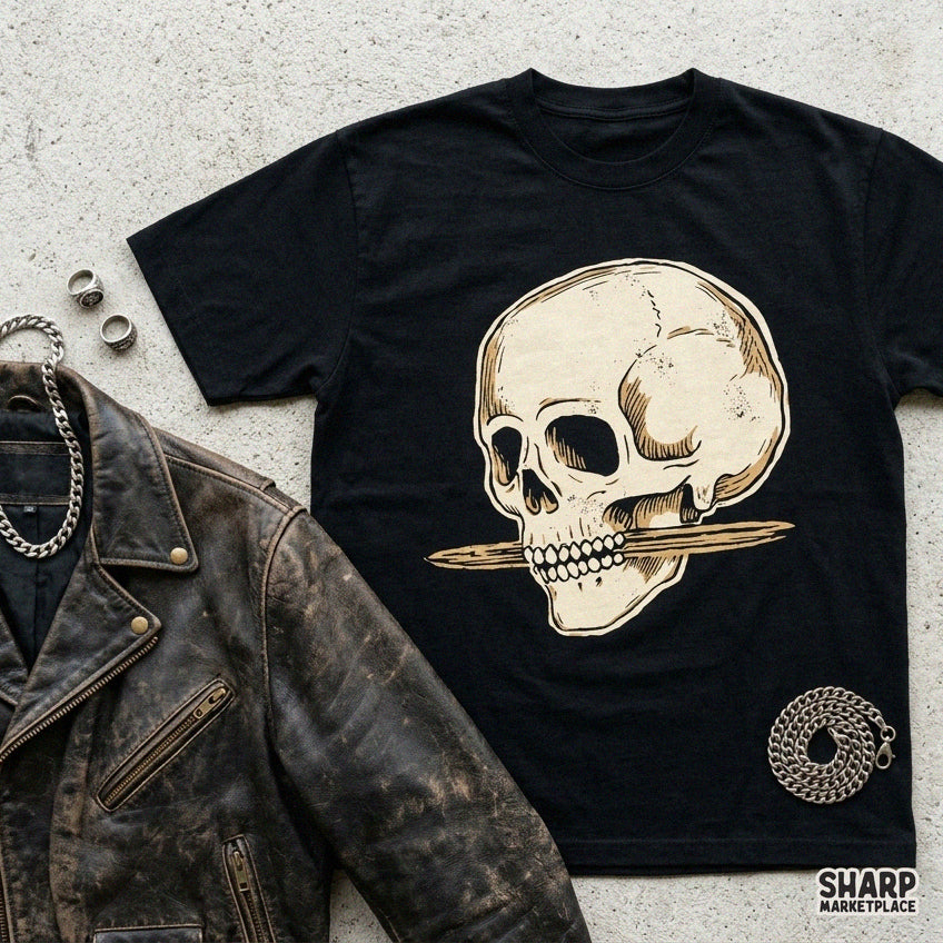Grunge gothic skull holding a bone digital PNG design for Halloween shirts and horror sublimation projects
