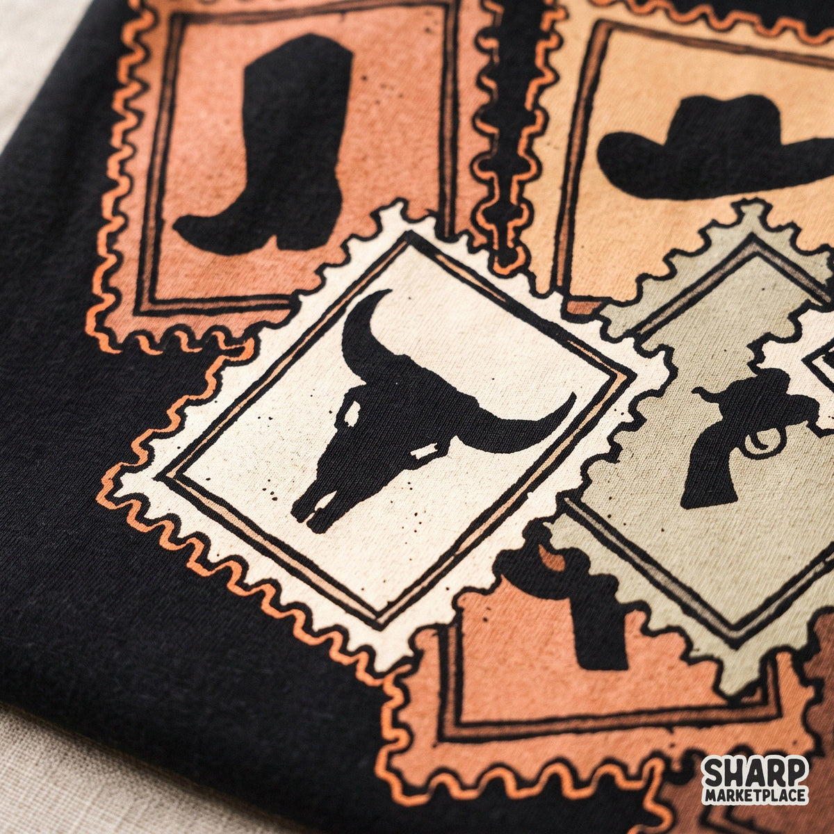 Retro western postage stamps design with cowboy boots and hats perfect for rodeo and country music t-shirts