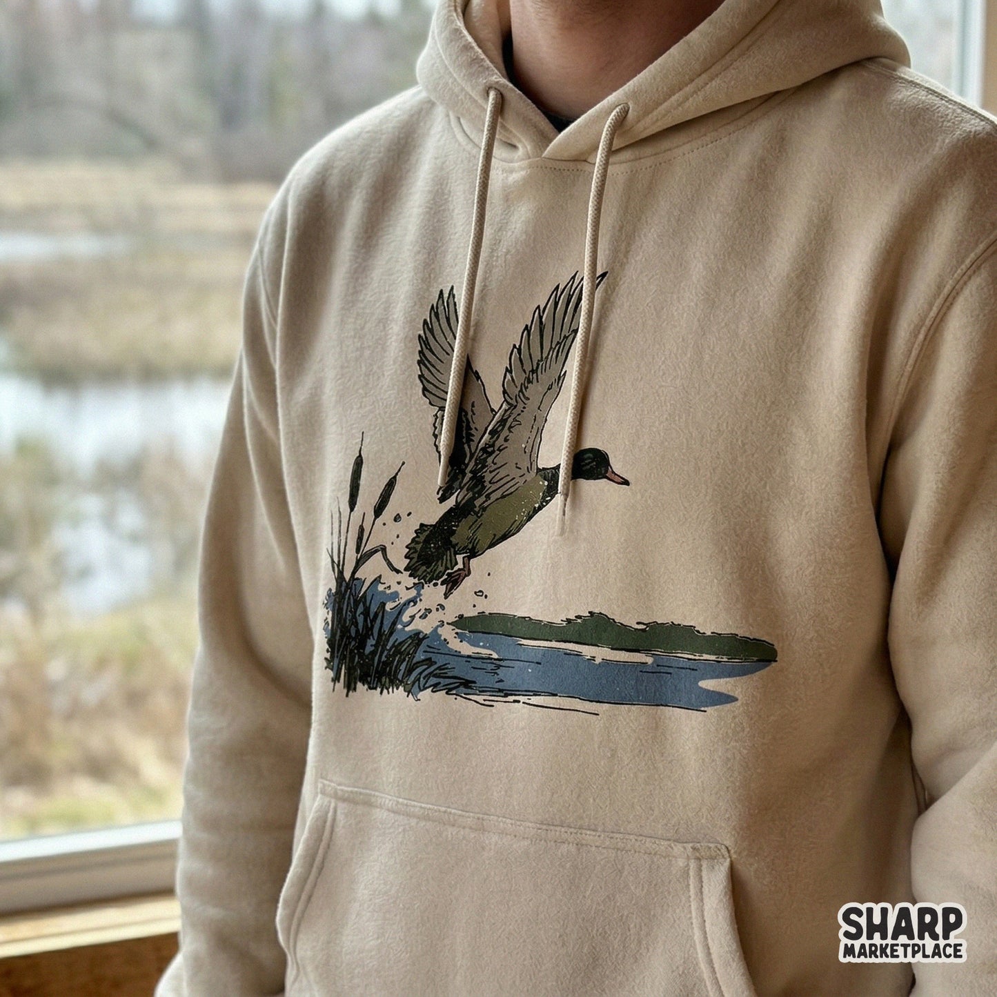 Rustic mallard duck illustration with a splash rise effect, ideal for DTF transfers, hunting apparel, and nature-inspired printable wall art designs.