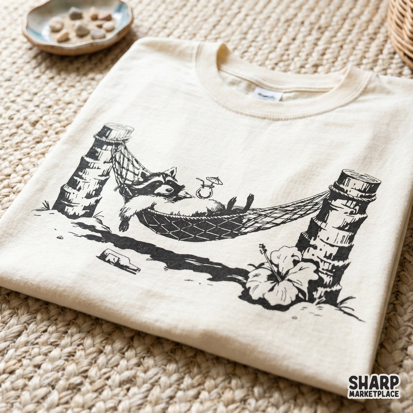 Funny sleeping raccoon in a tropical hammock for a summer beach shirt design