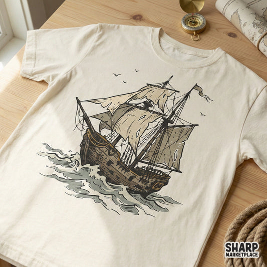 Vintage Sailing Ship PNG, Nautical Pirate Boat - 300 DPI Design for T-Shirt
