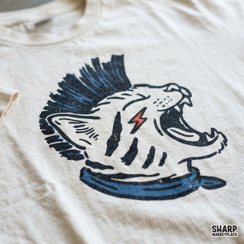 Vintage punk rock cat with a blue mohawk sublimation PNG design for t-shirts and streetwear apparel