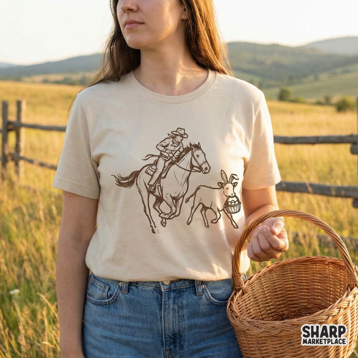 Hand-drawn vintage farm graphic showing a cowboy and a bunny-eared calf with an egg basket, perfect for western-themed holiday crafts and DIY projects.