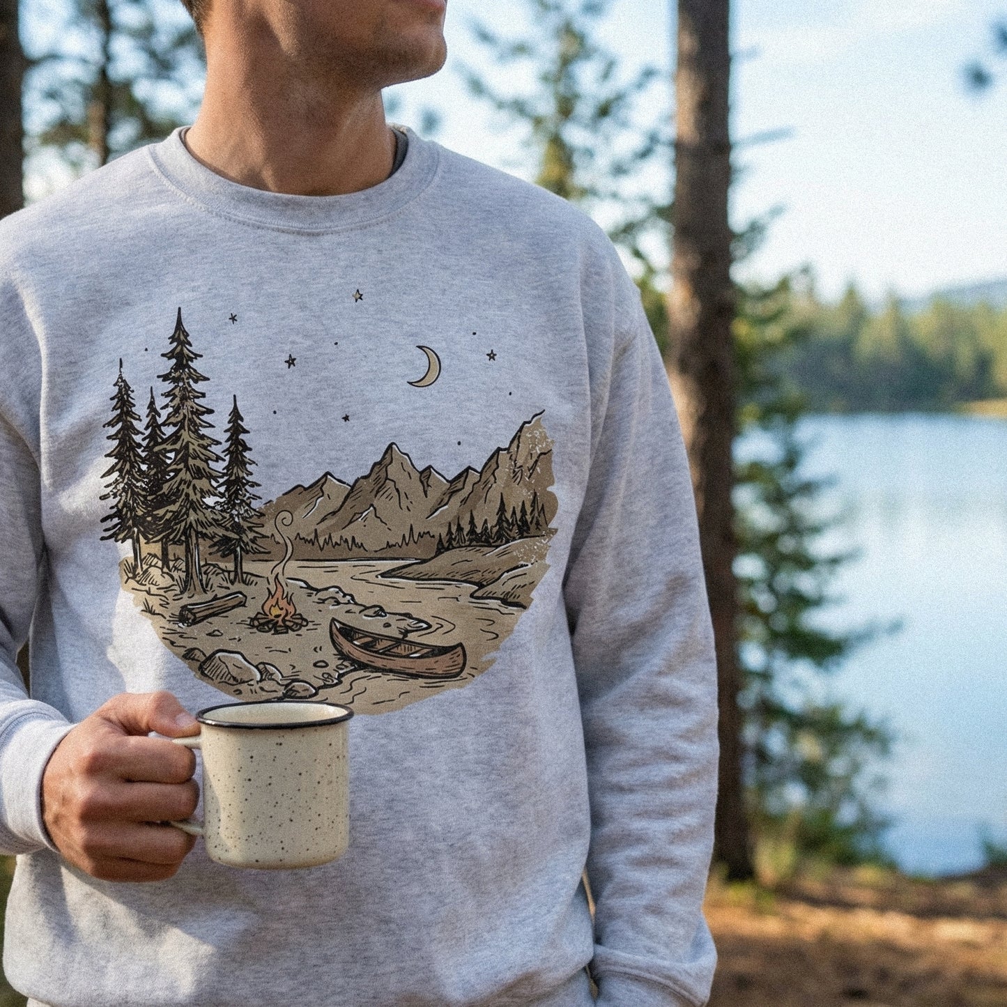 Camping Canoe Scene PNG, Mountain River Adventure Clipart - 300 DPI