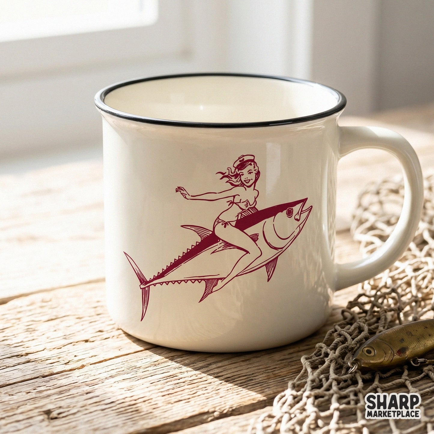 Nostalgic sailor aesthetic design of a pinup girl riding a tuna fish, perfect for print on demand fishing gear, stickers, and unique summer gifts.